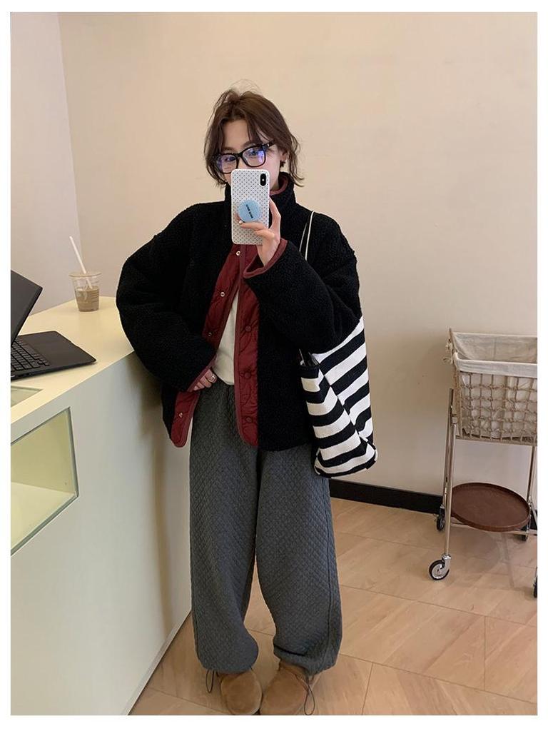 Damen Wendbare Lammwolljacke - Koreanischer Colorblock, Warm, Stehkragen, Winter, Lockere Passform