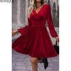 MODIQUE 2025 Spring New Women's Elegant Corduroy Solid Color Lantern Sleeves Elastic Waist Pleated Short Dress Ladies Casual A-Line V-Neck Dress