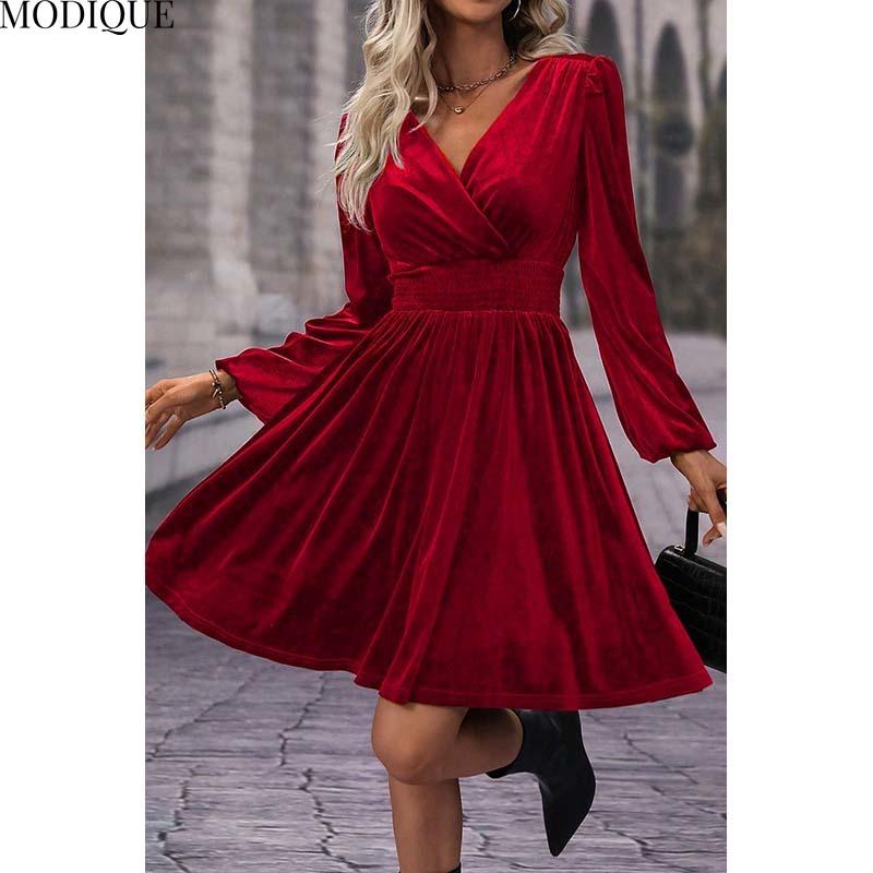 MODIQUE 2025 Spring New Women's Elegant Corduroy Solid Color Lantern Sleeves Elastic Waist Pleated Short Dress Ladies Casual A-Line V-Neck Dress