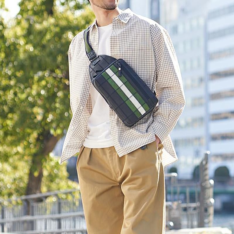 Tryon Official Baseball Glove Manufacturer: Genuine Leather Sacoche Shoulder Bag for Men, Small Crossbody Bag, DPC270, Black with NavyGreen Stripes