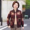 Karriertes Koreanisches Samt-Revers-Reißverschluss-Strickjacke für mittelalte und ältere Frauen – Herbst/Winter Strickwarenmantel