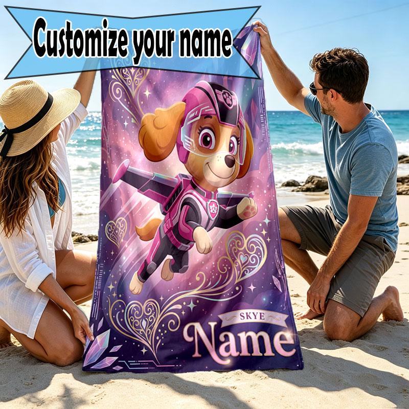 Custom Name Personalized PAW Patrol Print Beach Towel, for Trip Camping Beach Party Home Decor, Birthday Gift for Family & Friends