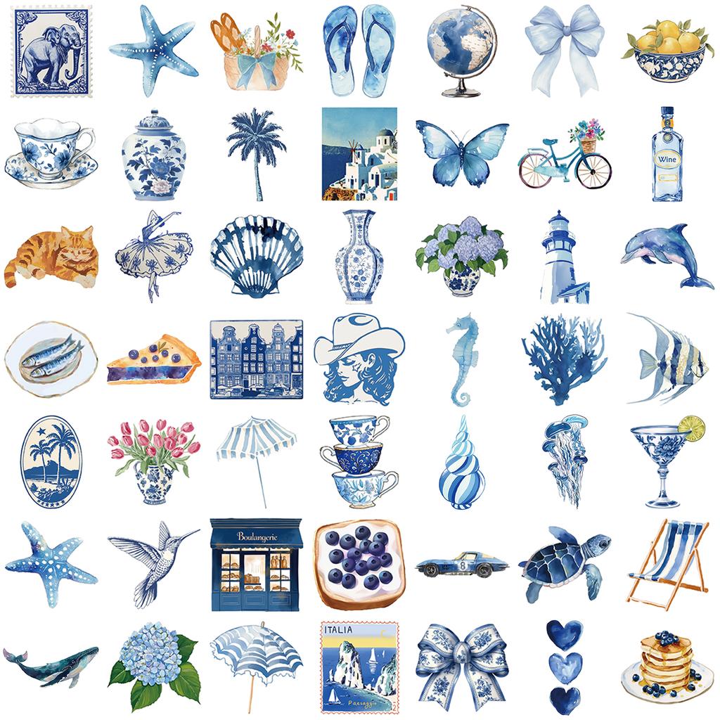 50 100 Stück Niedliche Mediterrane Sticker Ästhetisch Blau Ins Cartoon Aufkleber Diy Scrapbooking Handy Gepäck Wasserdichter Aufkleber Spielzeug