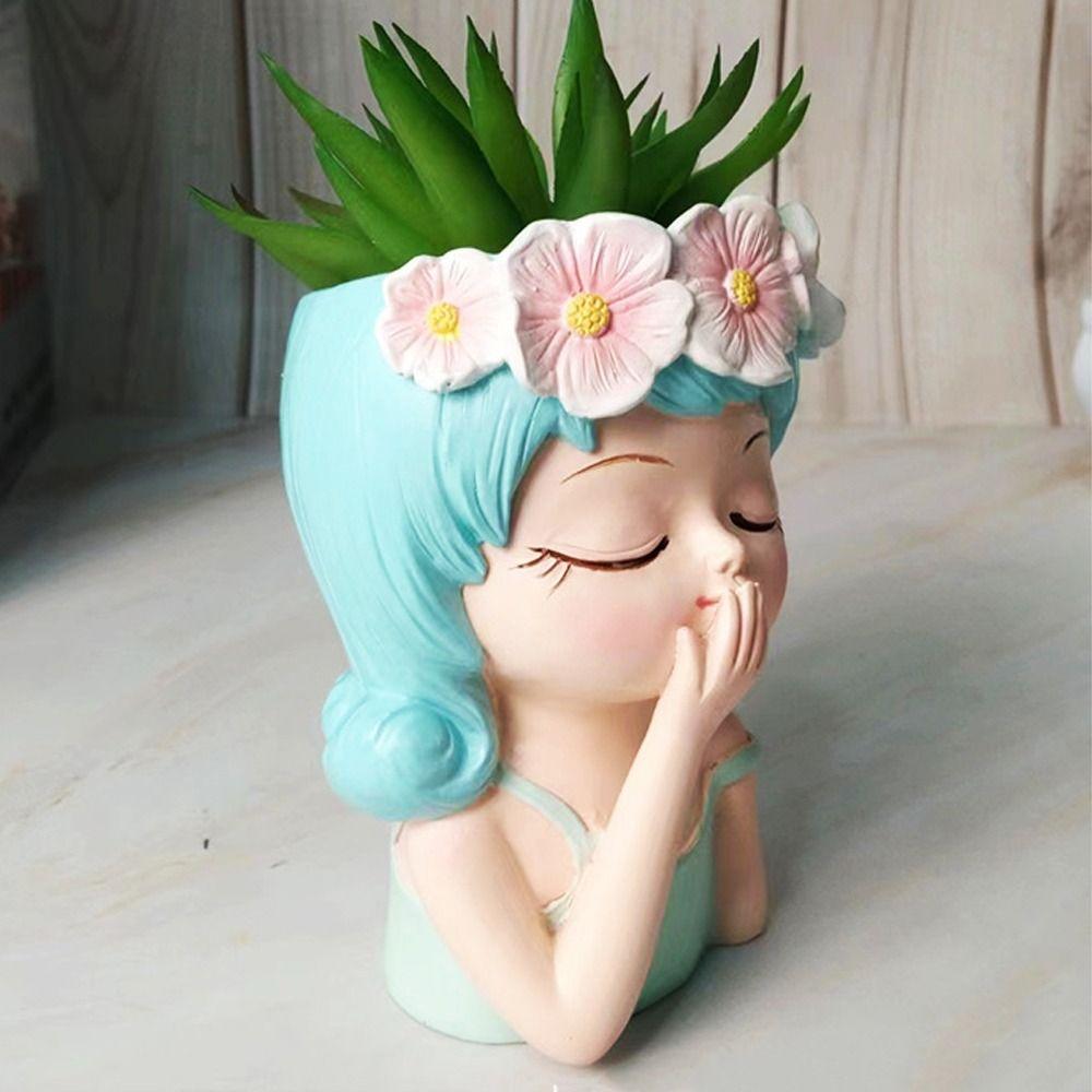 Girl Head Planter Cartoon Face Planters Pots Resin Girl Statue Fairy Flowerpot Realistic Nordic Succulent Planter Pot Bedroom