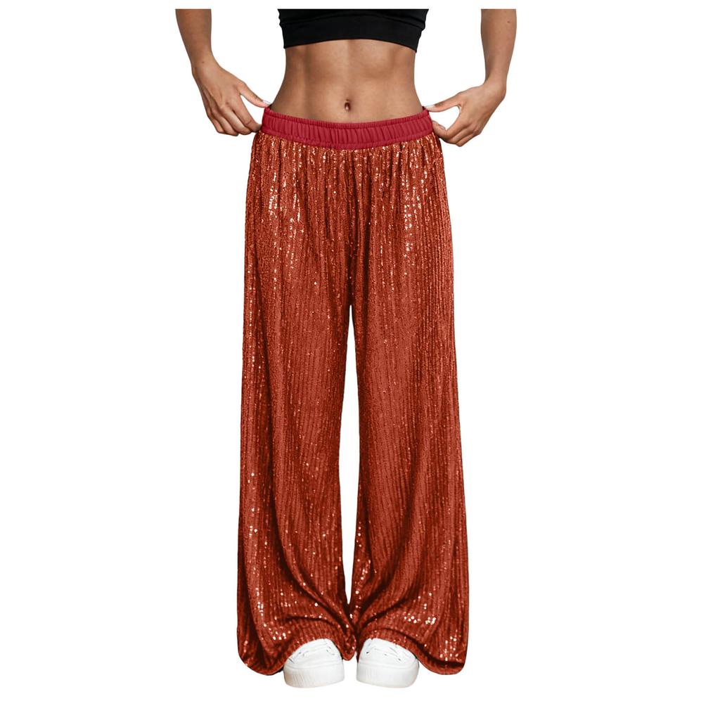 Women's Summer High-Waisted Sequin Wide-Leg Pants: Casual, Lightweight, Breathable, Slimming, Flowing, Solid Color