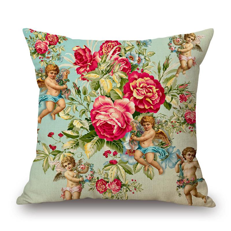 Vintage Romantic Flower Angel Love Cushion Cover European Retro Style Decor Linen Pillow Case