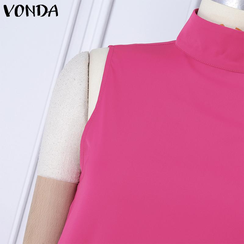 VONDA Women Summer Stand Collar Sleeveless Solid Color Dresses