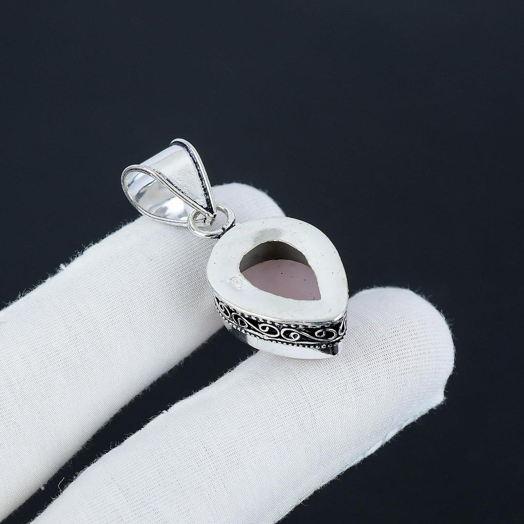 Natural Rose Quartz Gemstone Silver Pendant in 925 Sterling Silver - Handmade Pear Design, Everyday Wear Jewelry Party Wear Gift