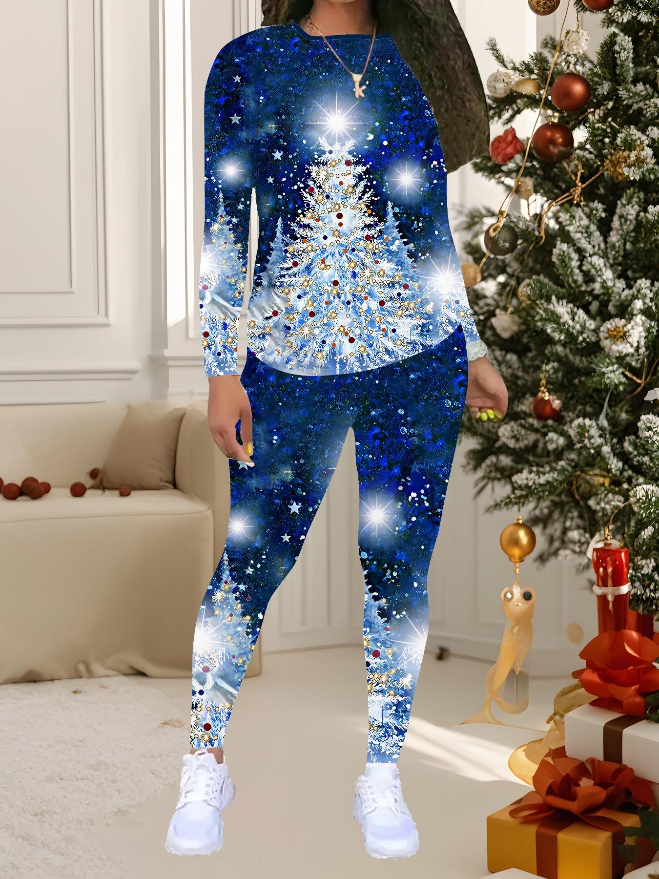 

Женский рождественский костюм-двойка с принтом: Топ с длинным рукавом и круглым вырезом и брюки, праздничный лимитированный повседневный костюм для вечеринки в подарок S синий