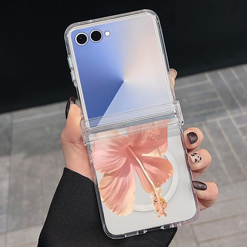 Magnetic Phone Case For Samsung Galaxy Z Flip 7 FE 7 6 5 4 Flip7 Flip6 Flip5 For Magsafe Artistic Flower Painting Clear PC Cover