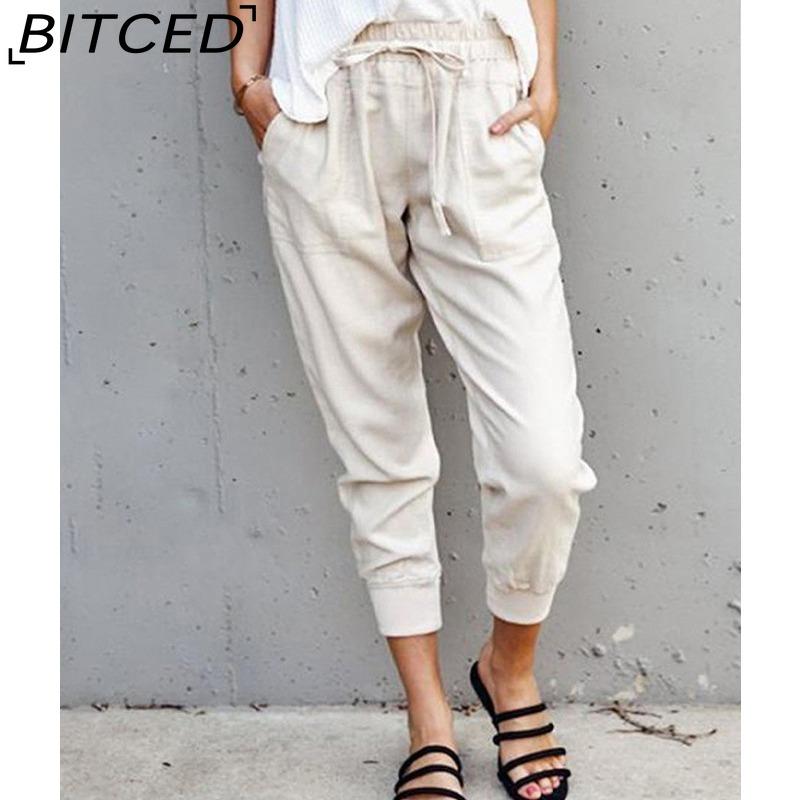 

BITCED Летние женские свободные брюки большого размера однотонные простые на шнуровке прилегающие повседневные брюки-капри S