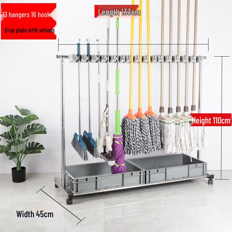 Stainless Steel Floor-standing Mop and Broom Rack with Balcony Storage