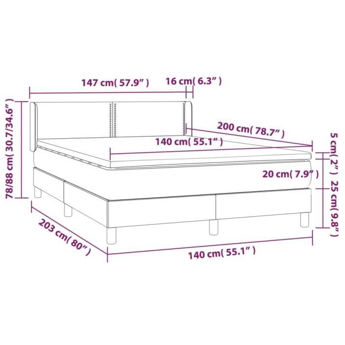 3130903 vidaXL Lit à sommier tapissier avec matelas Noir 140x200 cm Velours