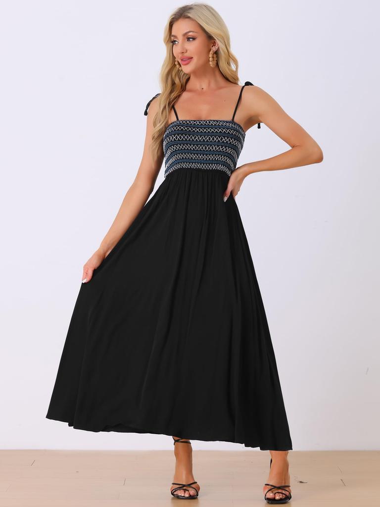 Allegra K Smock Dress, Sleeveless, Square Neck, Bohemian, Spaghetti Strap, Maxi Dress, Women's, Black, Size L