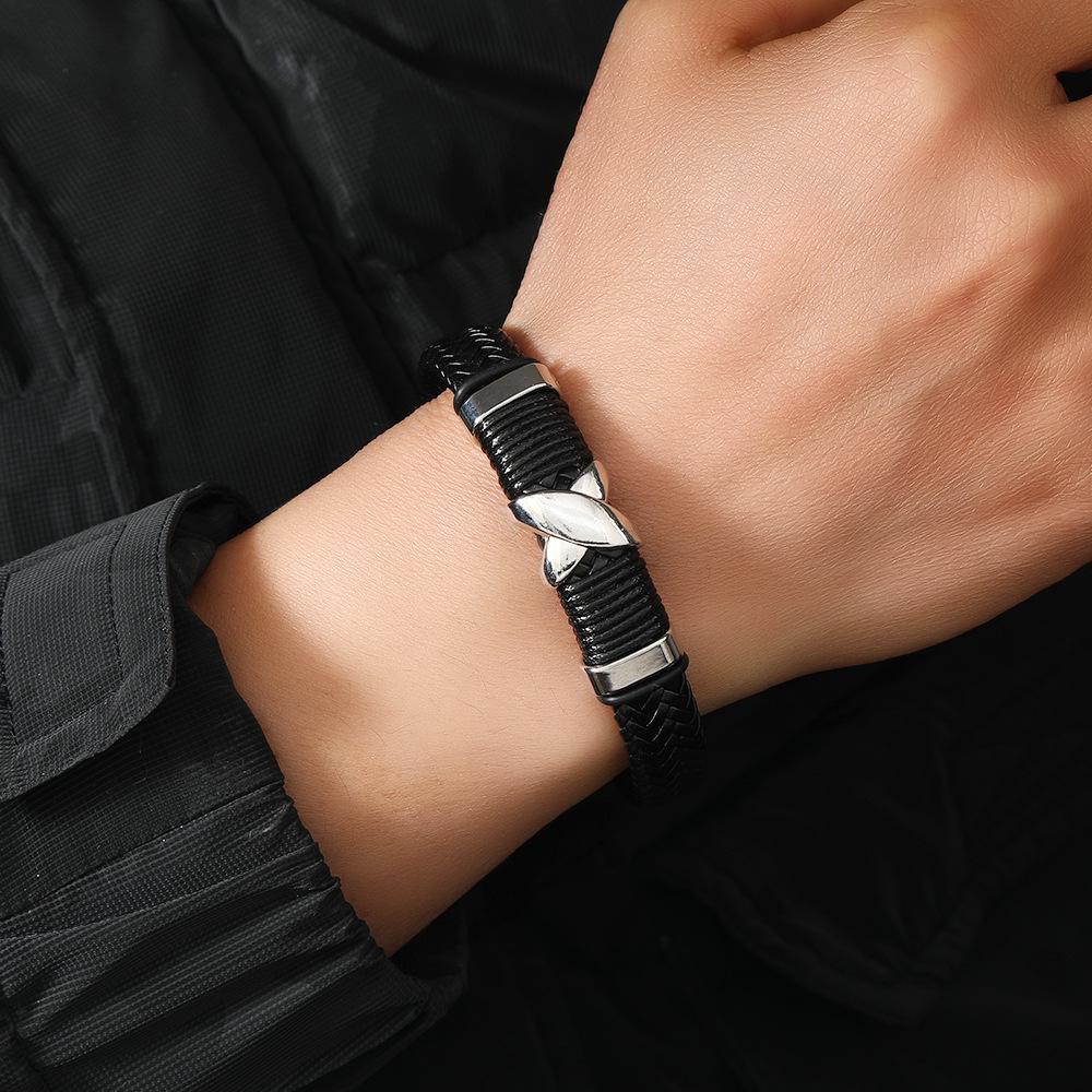 

Men s Hand-Woven Leather Punk Bracelet with Alloy Accents