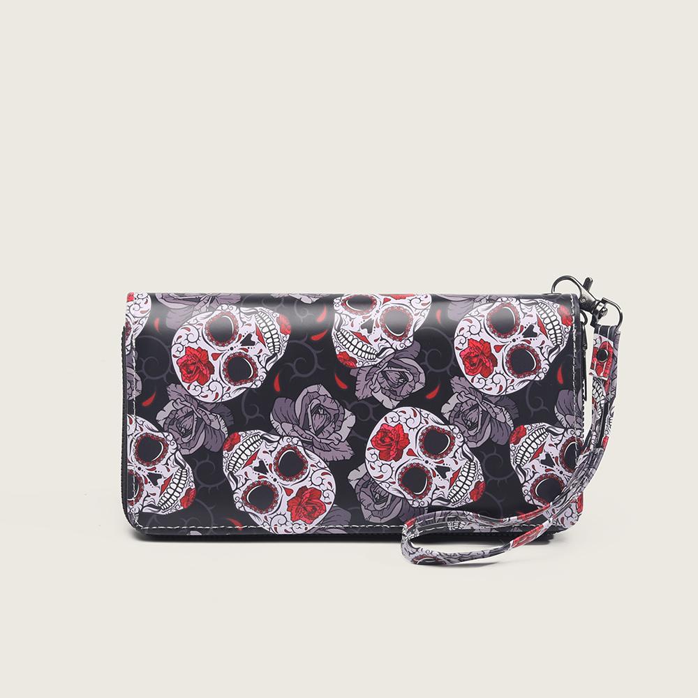 

Идея подарка на Хэллоуин - длинный кошелек с принтом черепа и розы, с ремешком на запястье, в стиле панк, различных цветов, включая черный и красный.