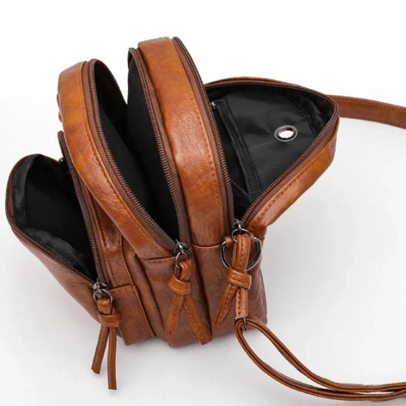 New Cross-body Female New Soft Leather Feeling Single Shoulder Bag Retro Fashion Multi-layer Large Capacity Mobile Phone Bag