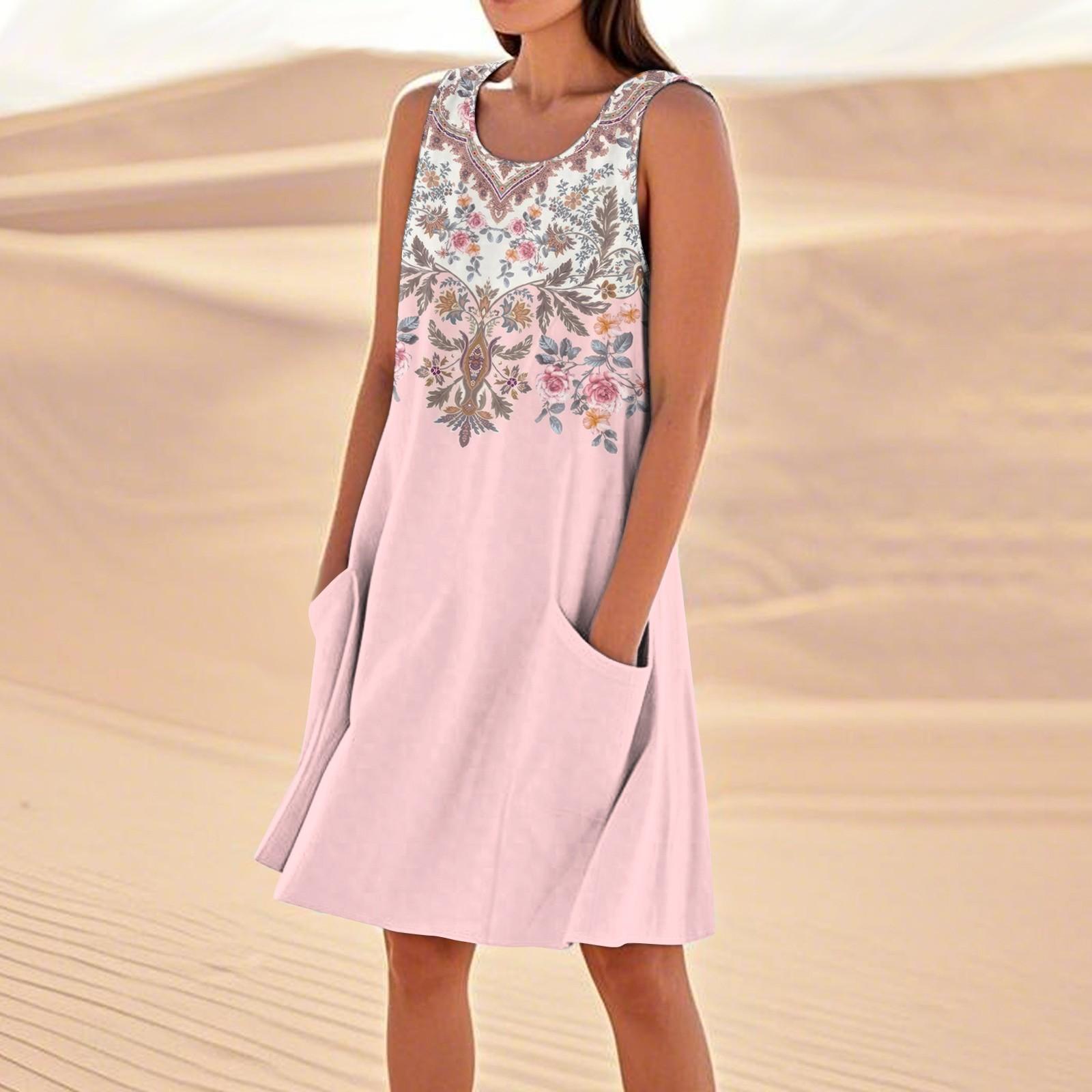 

Летние платья для женщин, свободные пляжные повседневные сарафаны без рукавов с карманами, платье-майка XXXL розовый