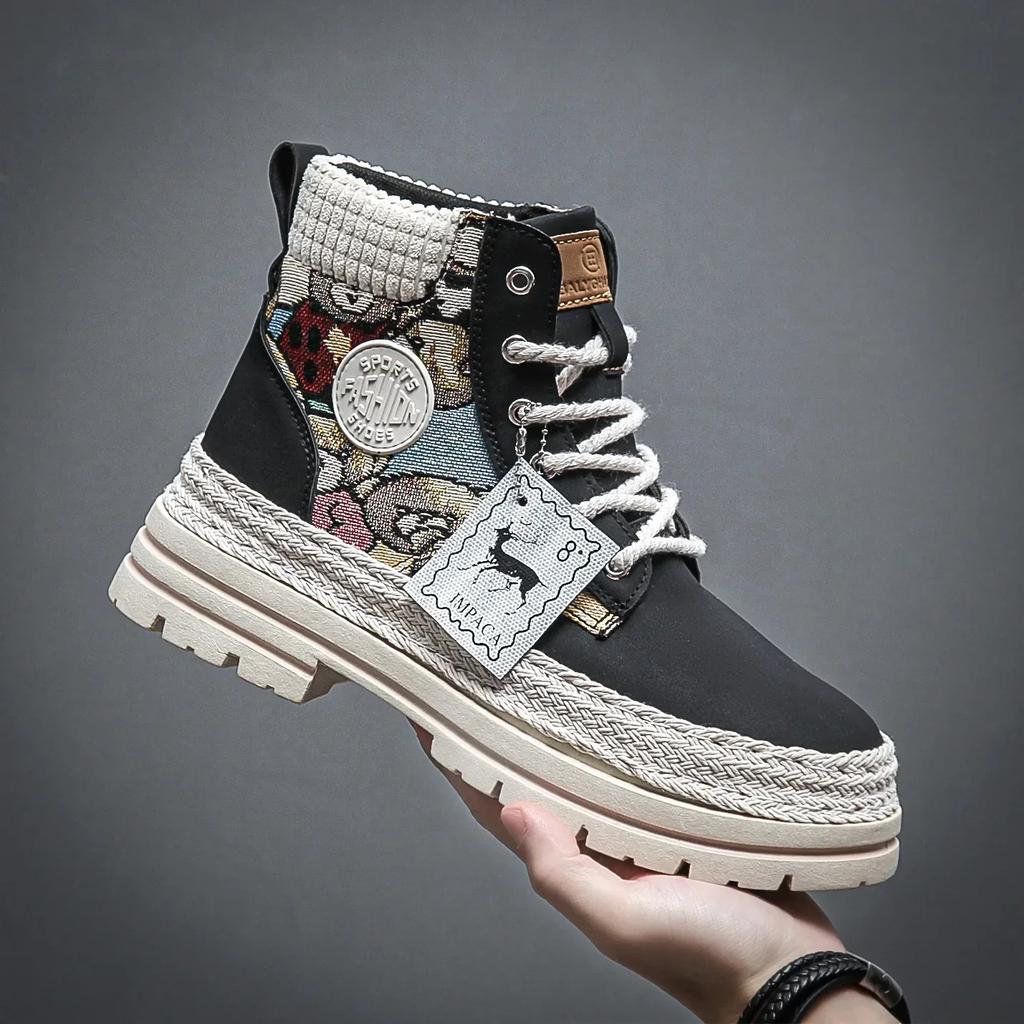 Fashion Men's Boots Autumn/winter Thick Sole High Top Lace-up Flat Heel New British Style Work Boots Casual Trend Fashion Boots