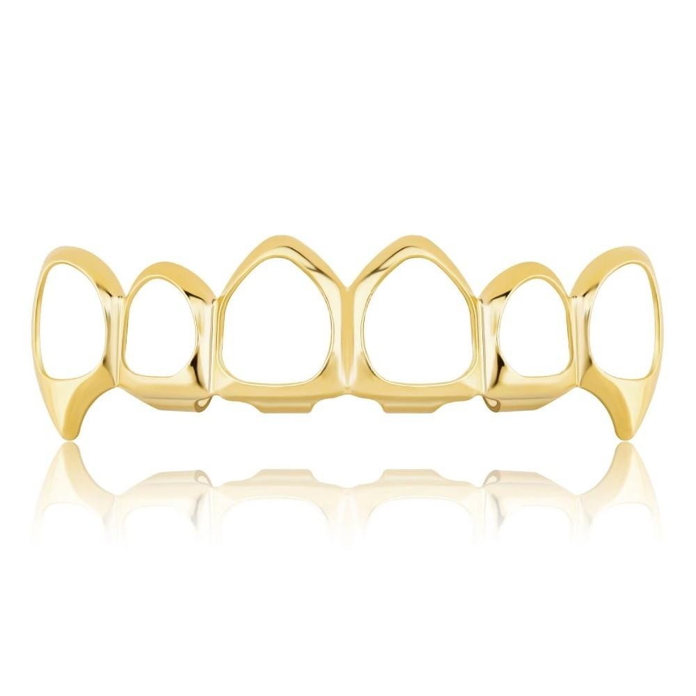 Eco-friendly Copper Hollow Teeth Grillz Top Bottom Set Glossy Finish Teeth Jewelry  Rapper