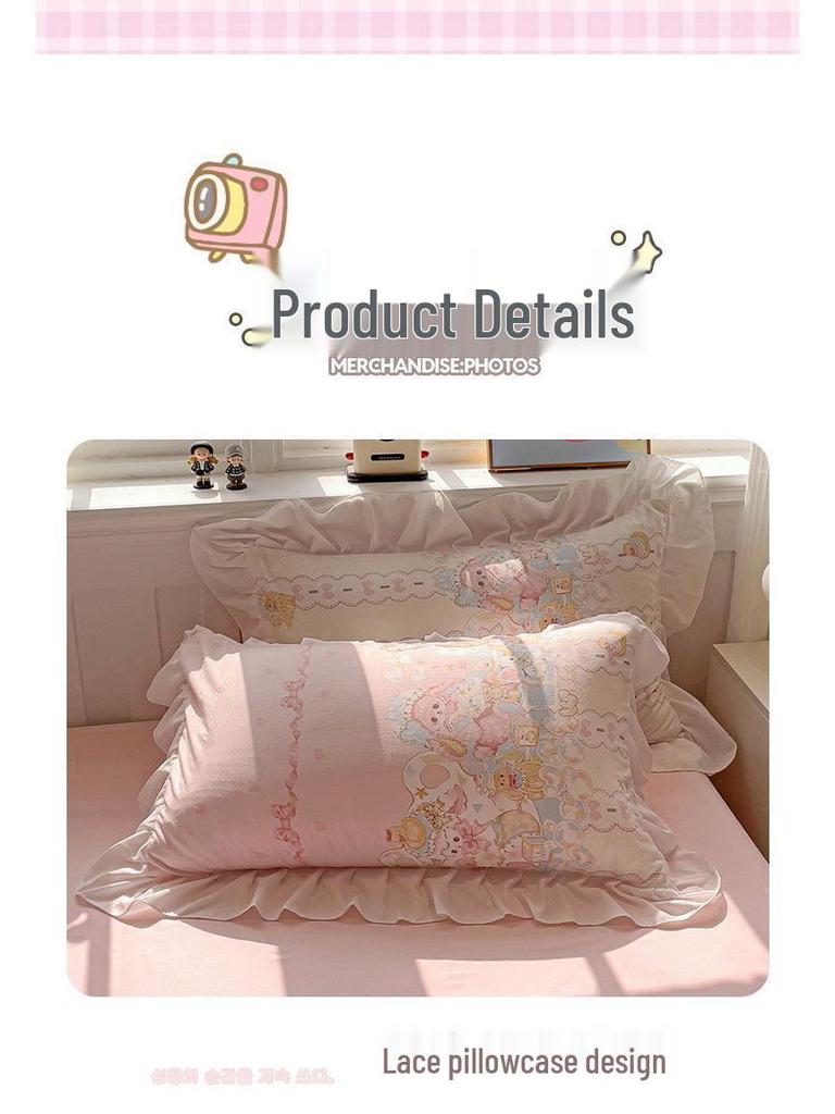 G5Z Princess Mingsha Lolita Lace Washed Cotton Bedding Set - Duvet Cover, Bed Sheet, Cute Girl Dormitory Style (4-Piece)