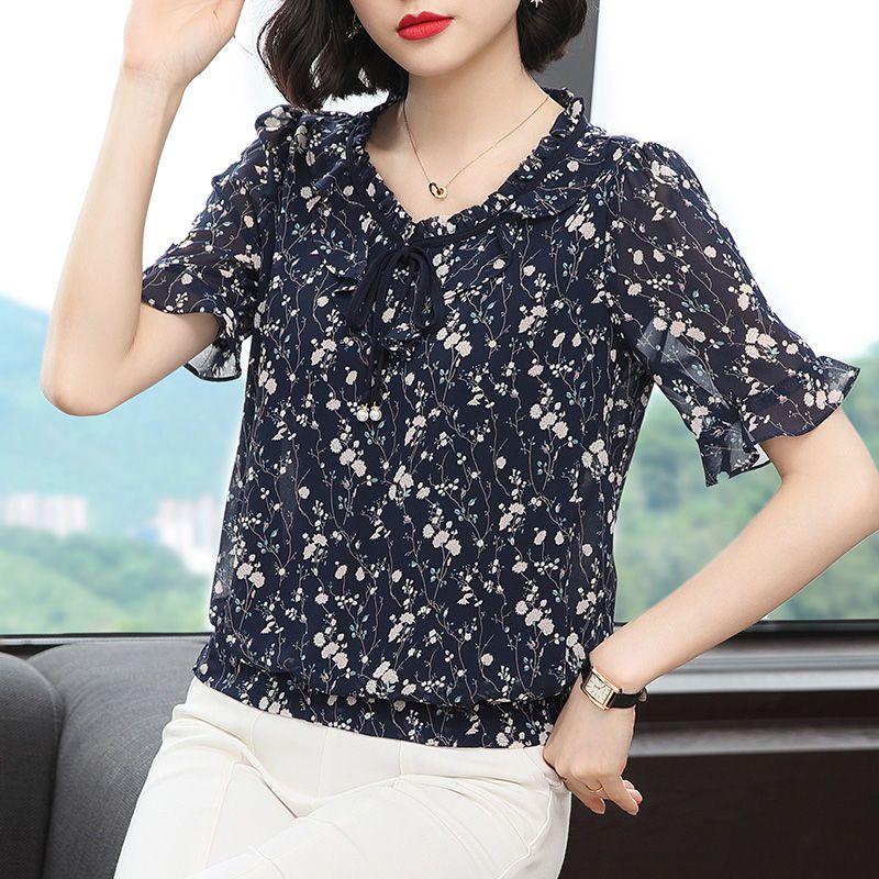 New All Match Elegant Chiffon Belly Cover Chiffon Shirt Summer New Floral Short Sleeved Korean Fashion Round Neck Popularity Top