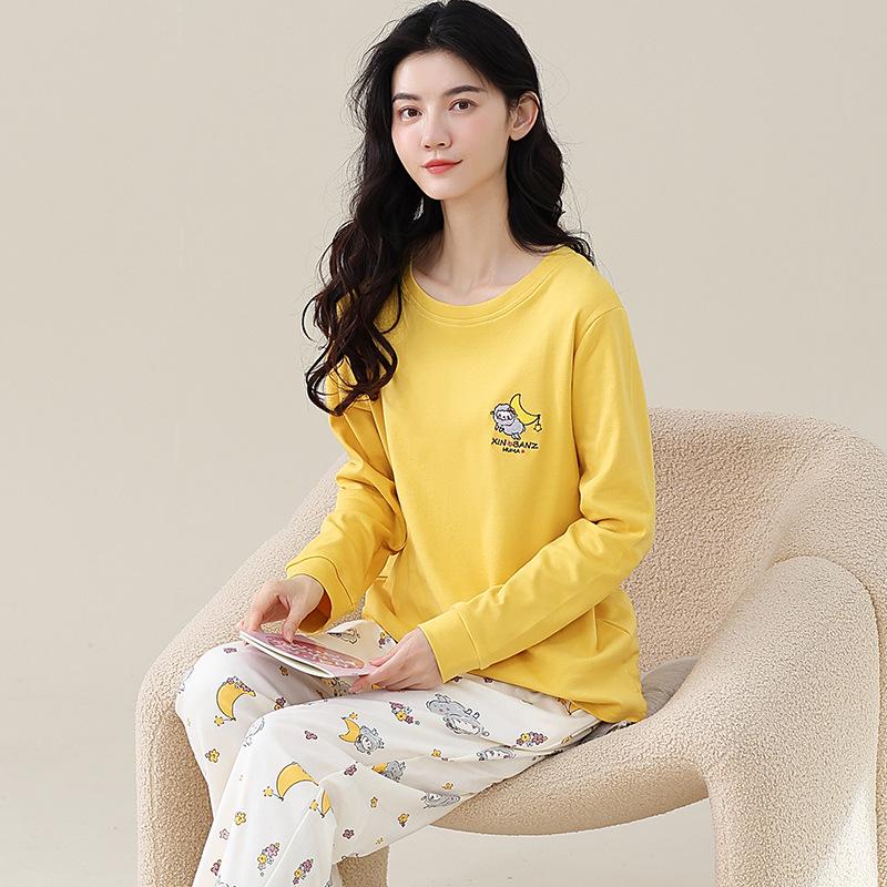 Women's Korean-Style Pure Cotton Printed Long Sleeve Pajama Set for Autumn/Spring