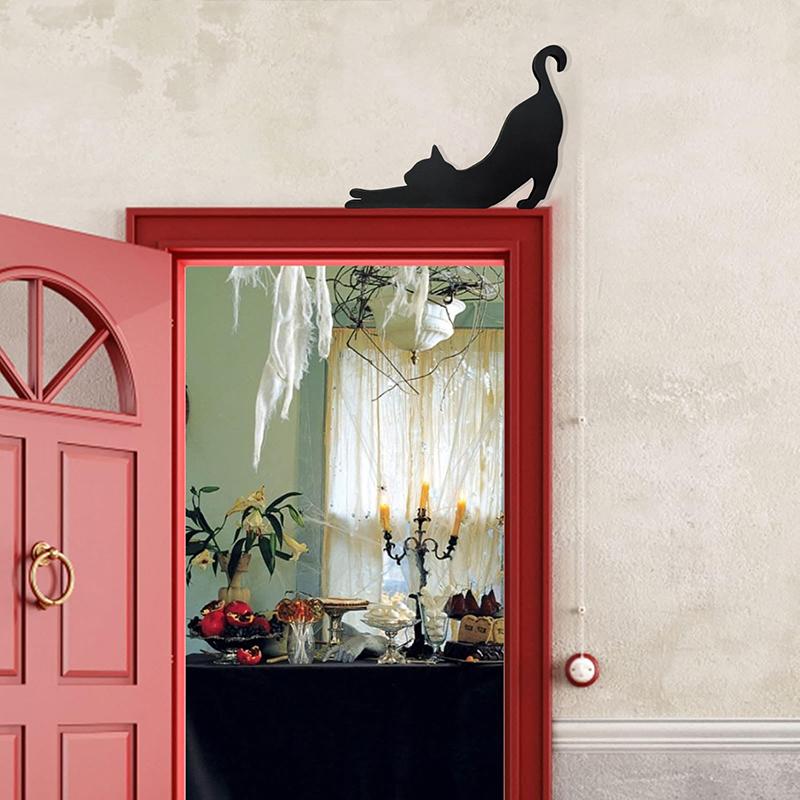 Cute Little Cat Stretched Out Door Corner Sign Cat Black Wooden Ornament Self-Adhesive Home Wall Doors Frame Decorations