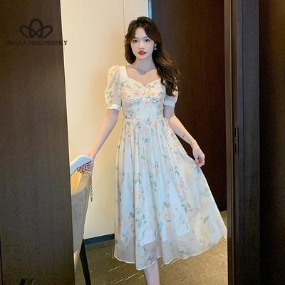 Summer New French Square Collar Floral Dress Elegant Rose Print Dress Woman Casual Beach Party Dress