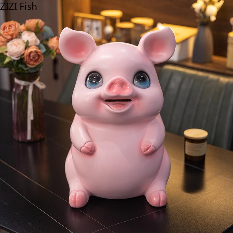 Cute Cartoon Pig Child Savings Jar Creative Piggy Bank Desk Decoration Ornaments Animal Resin Sculpture Room Aesthetic Decor