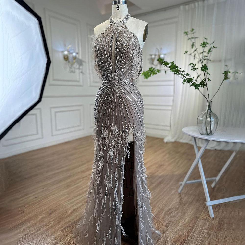 New caramel color sexy neck fishtail beads feather banquet wedding officiating dress dress LA11111