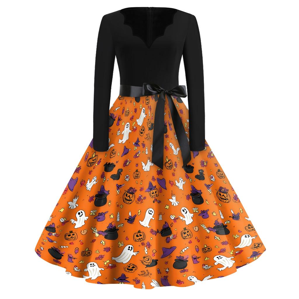 Women's Casual Halloween Dress V Neck Long Sleeve Retro Style Vintage Ghost Print Midi Dress with Waist Tie for Daily Wear