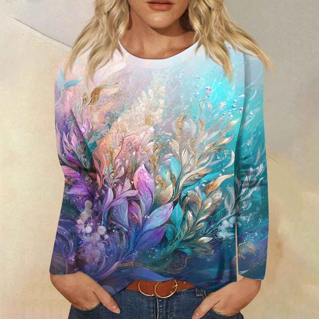 Women's Fashion Casual Long Sleeve Print Round Neck Top