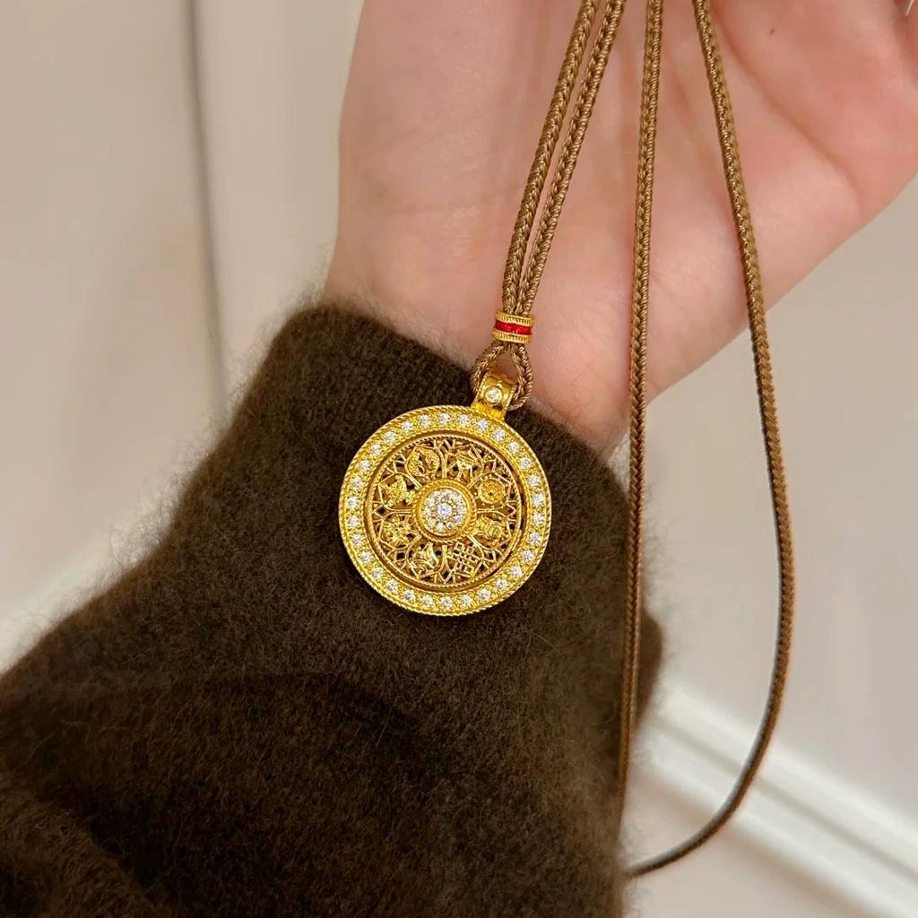 Wei Xue's same rotating eight treasures compass transfer woven rope long necklace women's new sweater chain yellow and gold accessories