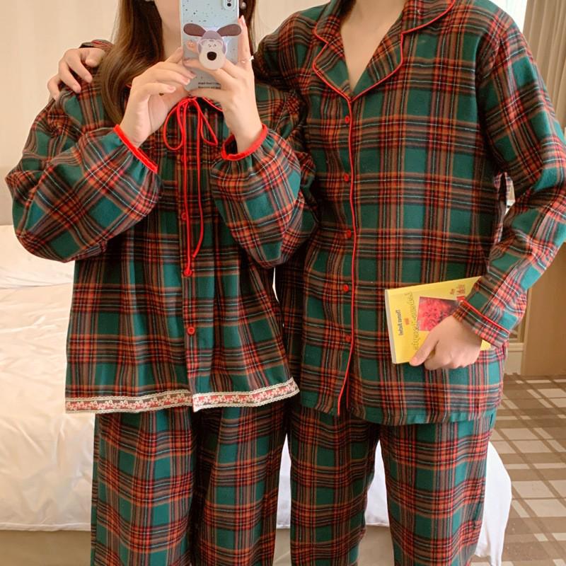 Корейський картатий різдвяний піжамний комплект для дівчаток - комірець Пітера Пена, довгий рукав та штани, осінньо-зимовий домашній одяг