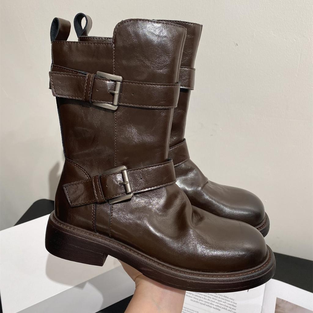 Yueyu Versatile Knight Martin Boots Women's Pleated Pile Boots European and American style thick heel round head double belt buckle locomotive boots