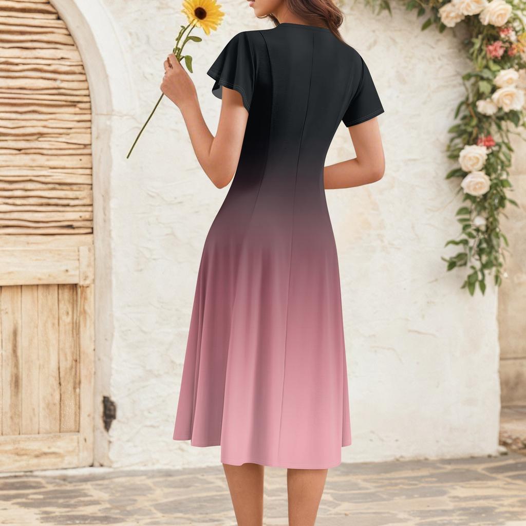 Women's Summer Fashion V-Neck Ruffle Sleeve Retro Elegant Midi Dress