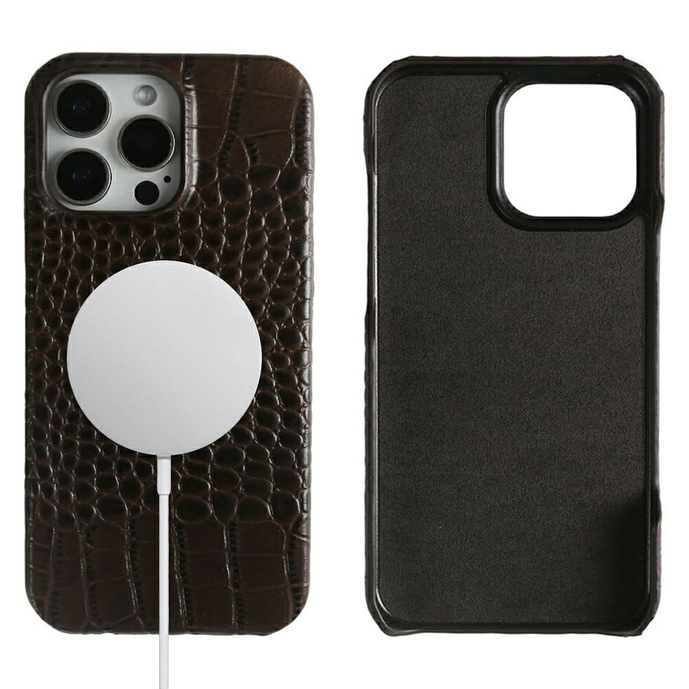 For iPhone 16 Pro Max Case Crocodile Texture Genuine Cow Leather Coated PC Phone Cover Compatible with MagSafe