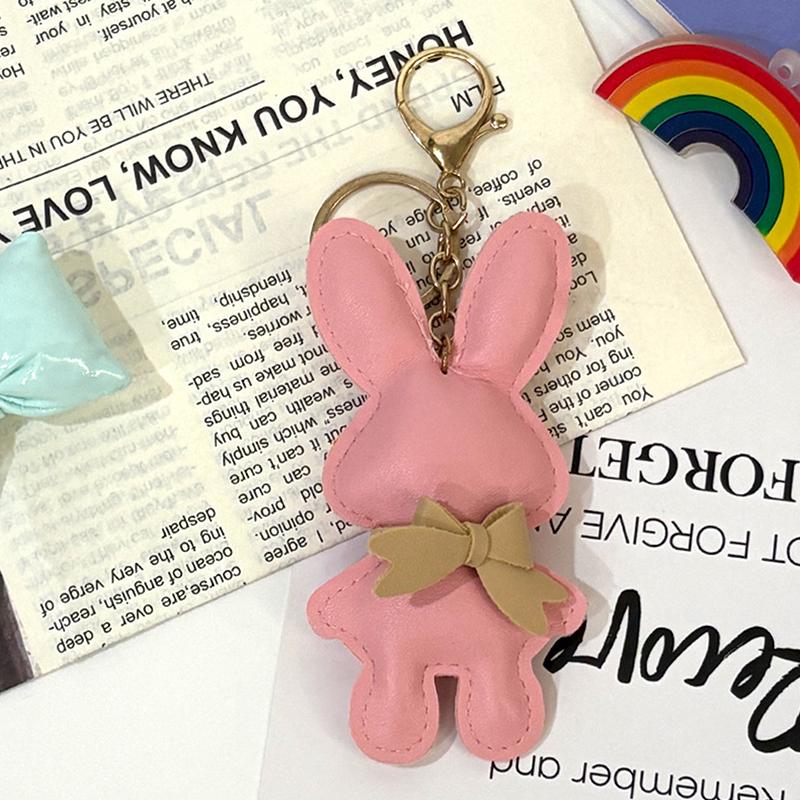 1Pc Cute Pu Leather Solid Color Bunny Keychain Creative Bow Bunny Keyring Car Key Holder Pendant Bag Charm Gifts
