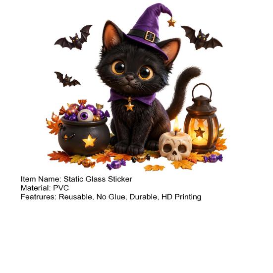 Decorative Glass Film Halloween Static Window Clings, Witch Black Cat Stickers, Reusable No Glue Indoor Ornament Stickers for Shop Store Home