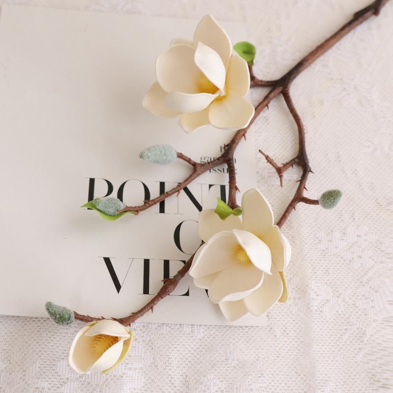 

Искусственная магнолия с 3 головками, хлопок Ева, искусственный цветок, китайская чайная комната, гостиная, высококачественное украшение, шелковый цветок