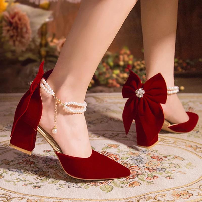 Jolis Escarpins à Talons Épais pour Femmes avec Grand Nœud Papillon Tendance Daim Rouge Perles Boucle Talons Hauts Chaussures pour Robe de Mariée pour Dames Femmes 34-40