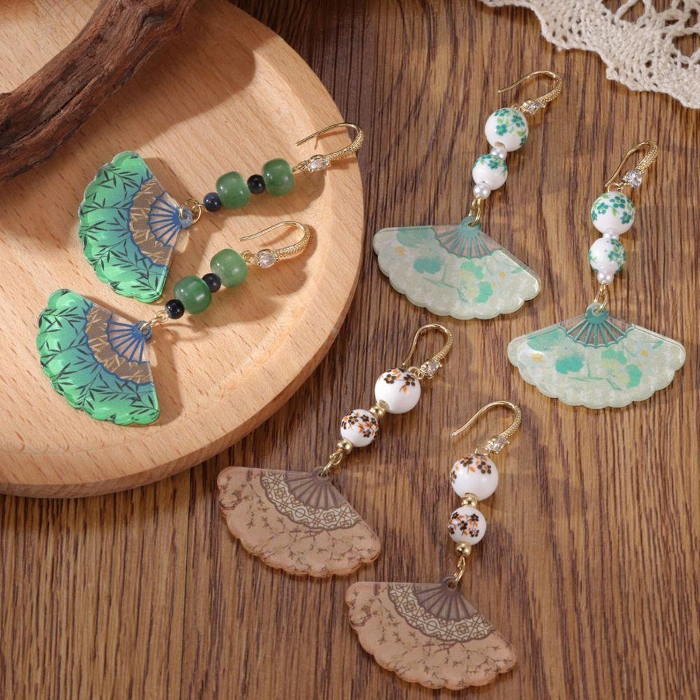 New Chinese Style Acrylic Fan Pendant Dangle Earrings Jewelry Accessories Drop Earrings  Women