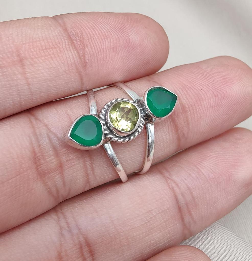 Green Onyx & Lemon Quartz Sterling Silver Ring: Boho Statement Jewelry