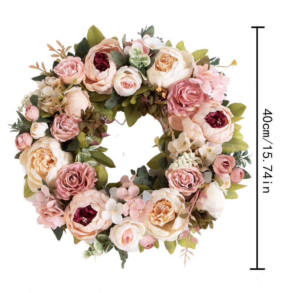 Spring Wreath Front Door Hanging Ornament Artificial Peony Flowers Garland 15.75inch for Garden Party Balcony Festival New Year