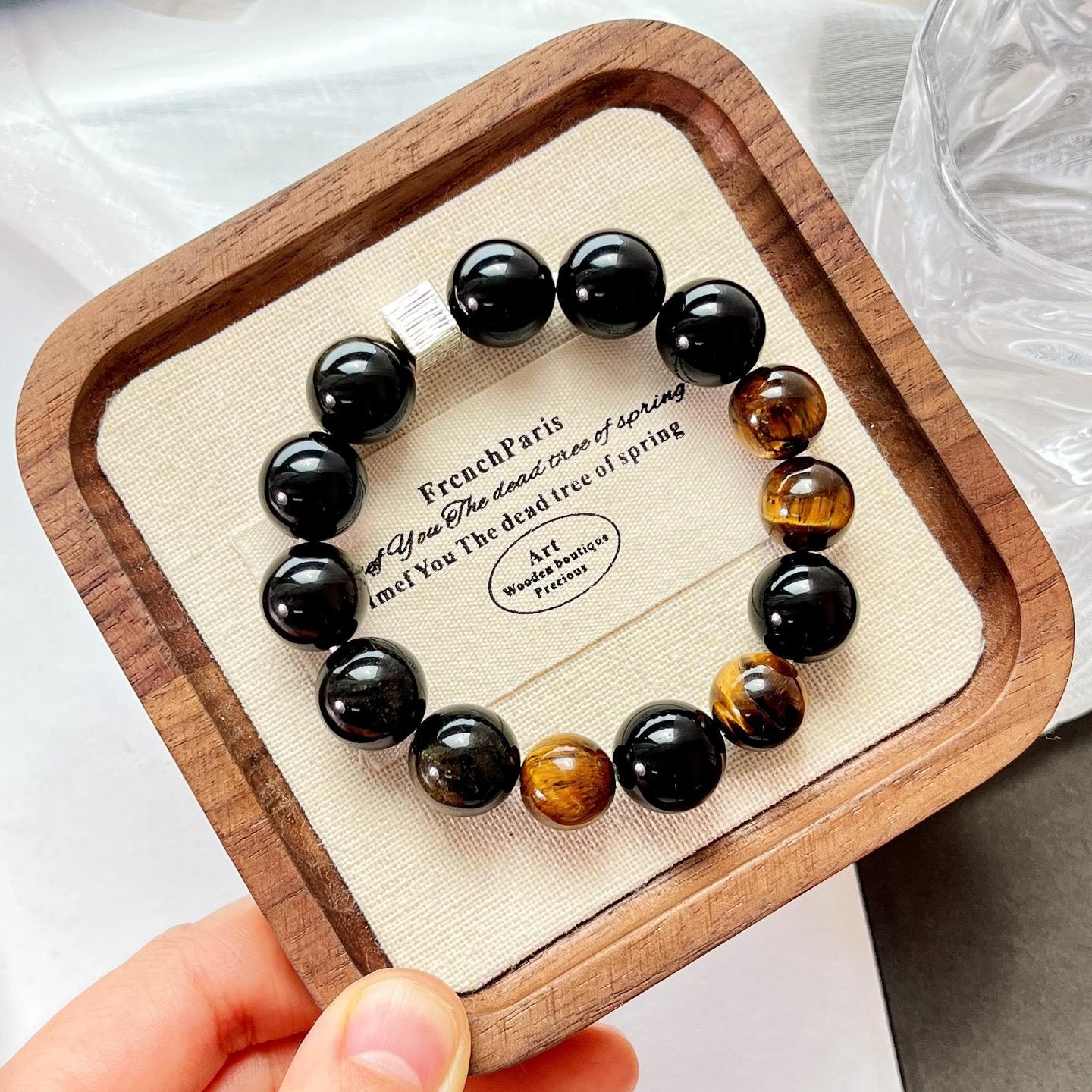 12Mm Design Natural Silver Obsidian Tiger S Eye Stone Bracelet Bracelet.