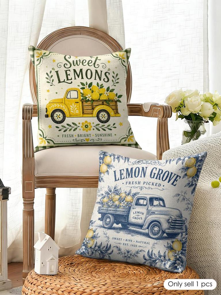 Summer Lemon Car Cushion Cover Natural Linen Organic Fabric Double-Sided Printing Breathable Perfect For Home Decor