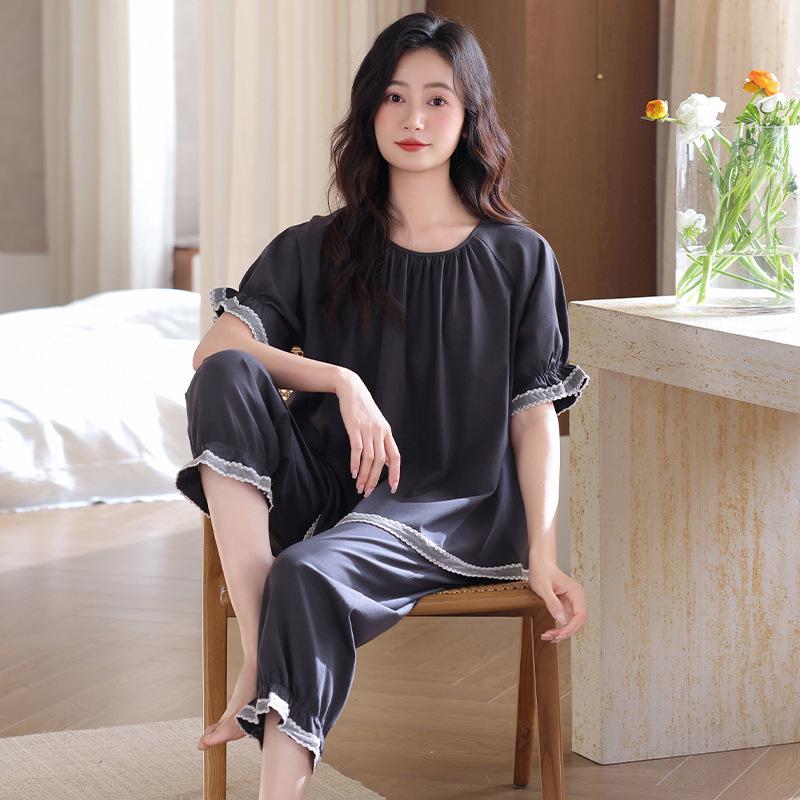 Pajamas women's pure cotton summer thin short-sleeved nine-point pants 1011 new integrated large-size loungewear set with chest pads