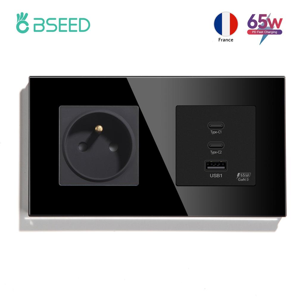 BSEED French Wall Socket 65W Double Type-c USB Sockets Super Fast Charging Ports Electric Power Outlets Crystal Glass Frames