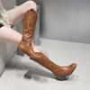 Vintage Square Head Thick Heel Western Cowboy Boots Women's 2025 New V-mouth Embroidered Knight Boots Side Zipper Long Tube Boots